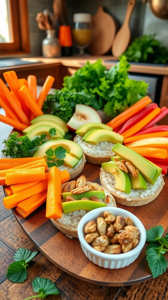 An assortment of healthy snacks including carrot sticks, apple slices, and rice cakes on a wooden platter.
